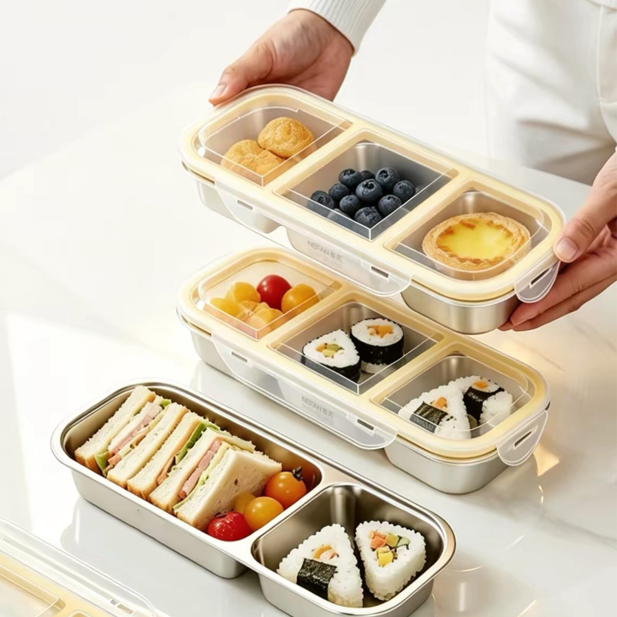 Food Storage Heat - ภาชนะเก็บอาหารสแตนเลสพร้อมฝาปิด, กล่องอาหารกลางวันแบบปิดสนิทเกรดอาหาร, ภาชนะใส่อาหารแบบสามช่อง