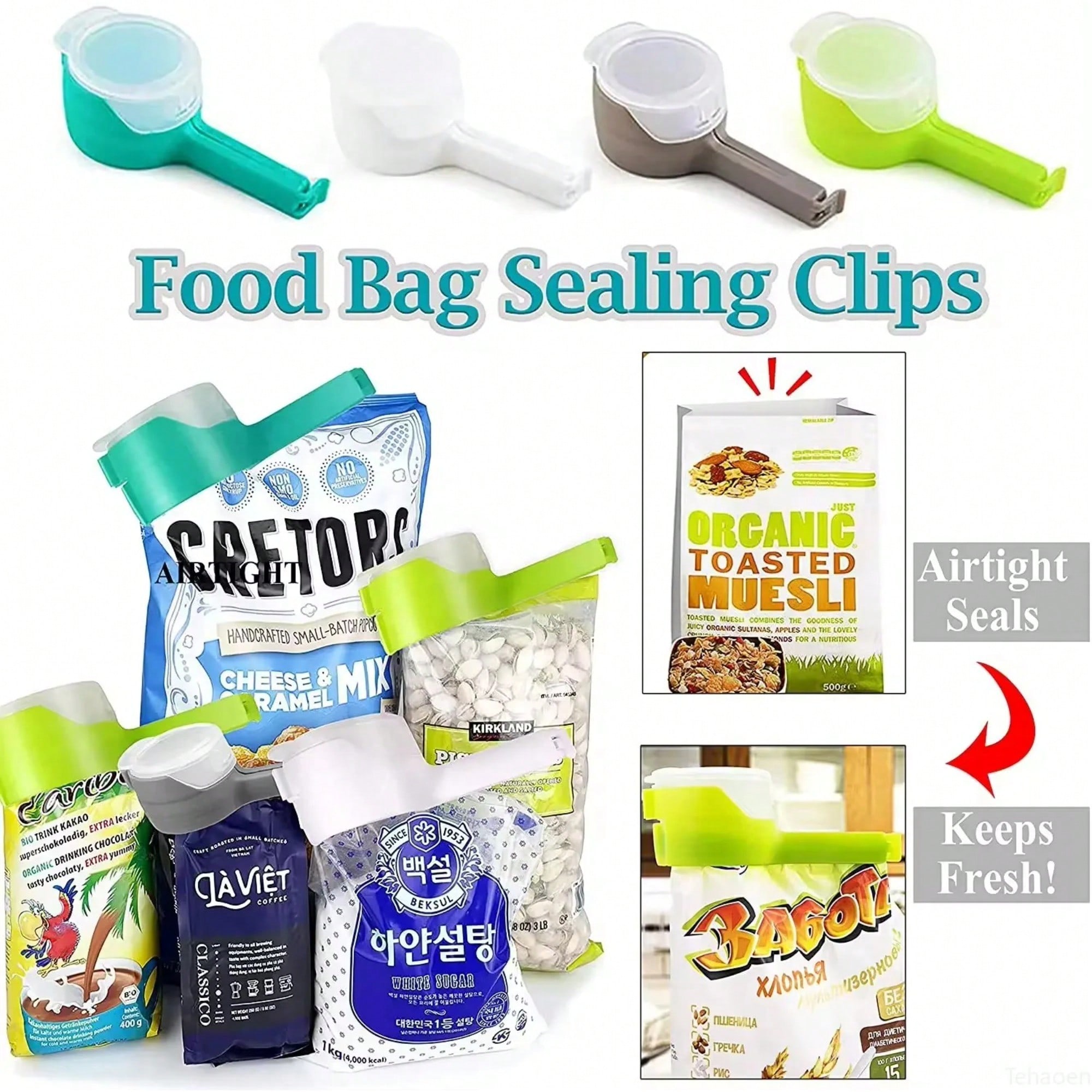 Food Storage Plastic Bag - คลิปปิดผนึกถุงอาหารพร้อมช่องเท คลิปพลาสติกทนทานสำหรับเก็บอาหาร ถุงเก็บขนมในครัว