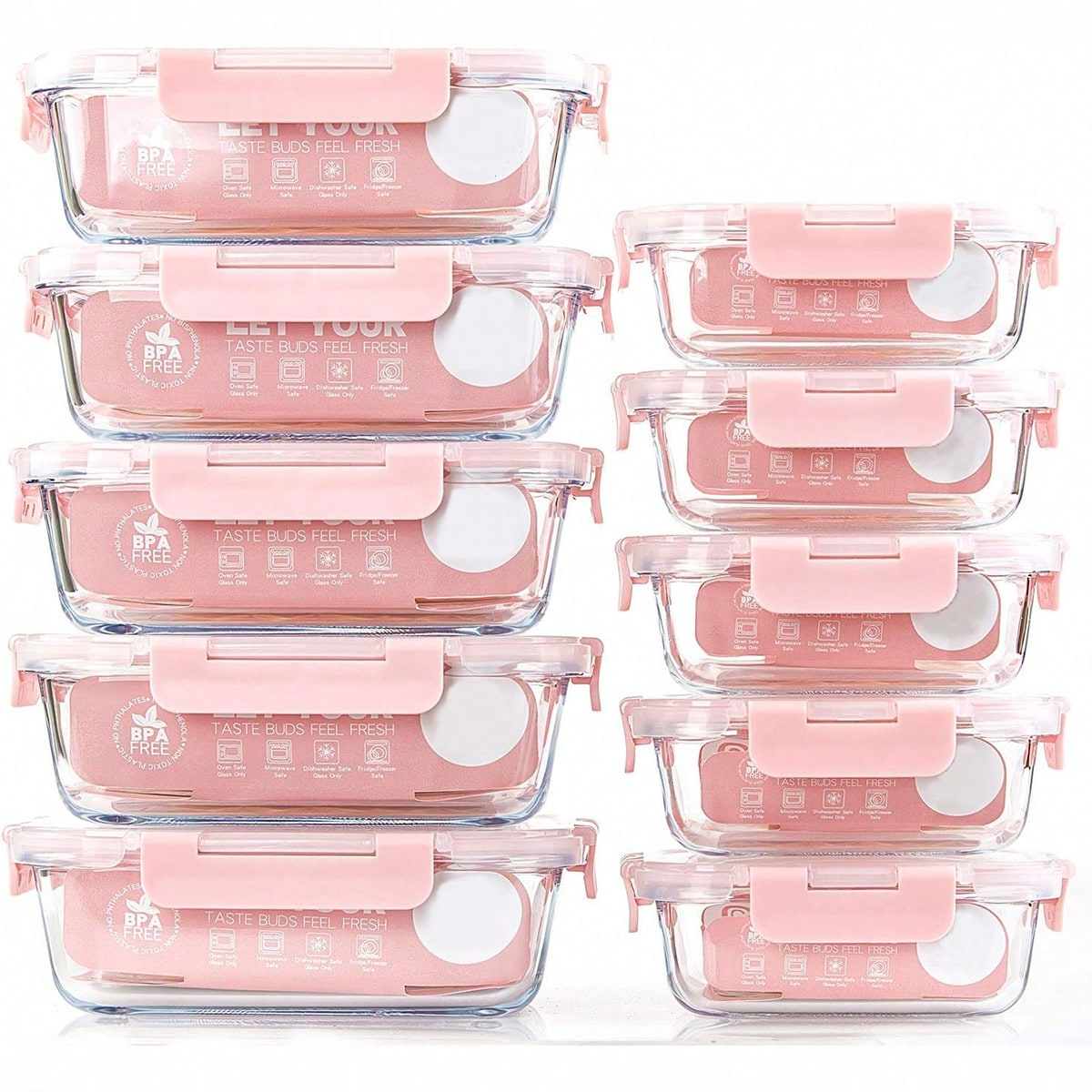 Food Storage Heat - ชุดกล่องแก้วสำหรับเตรียมอาหาร 10 ชิ้น, กล่องเก็บอาหารพร้อมฝาปิดที่ปิดสนิท, กล่องอาหารกลางวันแก้ว, ใช้ได้กับไมโครเวฟ,