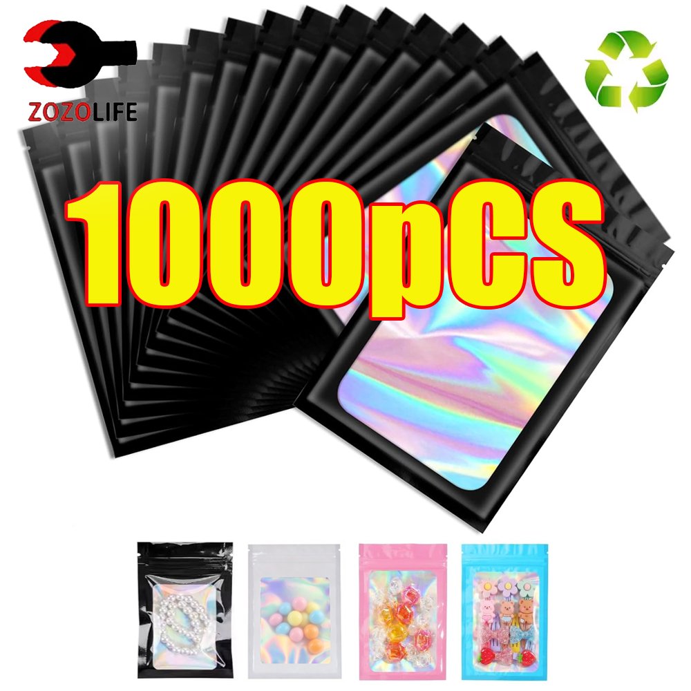Food Storage Plastic Bag - ถุงซิปล็อคโฮโลแกรม 10-1000 ชิ้น สีดำ พลาสติกเลเซอร์สีรุ้ง สำหรับใส่ของขวัญ