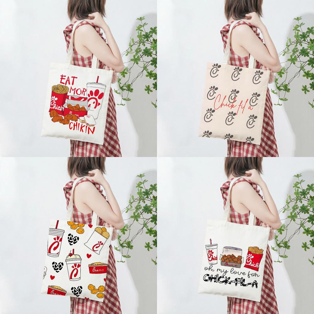 Food Storage Brands - กระเป๋าเก็บอาหารแบรนด์ Chick-Fil-A กระเป๋าผ้าแคนวาสพิมพ์ลาย น้ำหนักเบา กระเป๋าสะพายไหล่สำหรับช้อปปิ้งประจำวันแบบพกพา